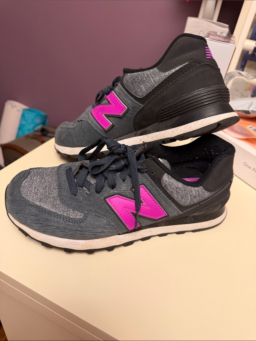 Women’s New Balance 574 Blueish/Charcoal Gray & Bright Purple Sneakers